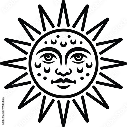 A striking black outline icon depicting a stylized sun with a human face, radiating numerous sharp rays, and featuring distinctive facial characteristics such as eyes, nose, and mouth, against a plain