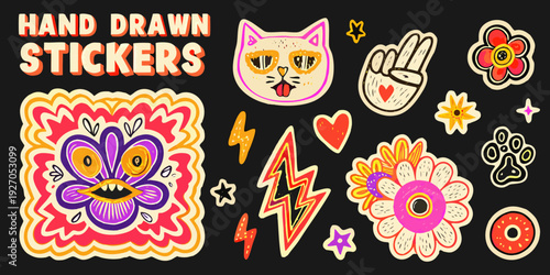 Colorful hand drawn stickers featuring whimsical characters and floral motifs