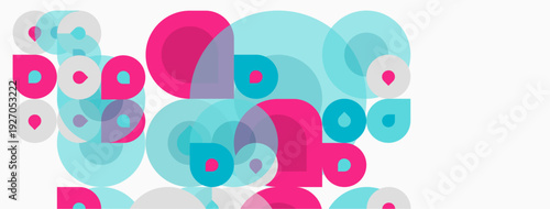 Abstract circles, varying sizes, pink and turquoise hues. Overlapping shapes create dynamic visual texture. Simple, modern design.