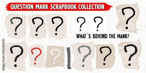 Collection of torn paper question marks with a red heart design