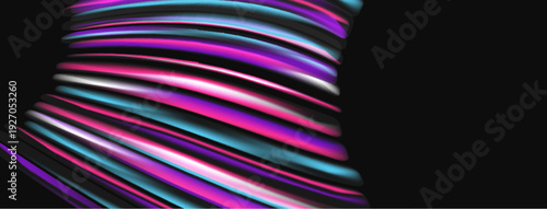 Abstract ribbons swirl, vibrant pinks, blues dominate dark background. Dynamic composition creates visual interest, modern aesthetic.