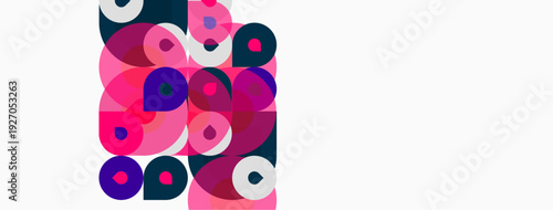 Abstract composition featuring overlapping circles. Pink, purple, black hues dominate white background. Modern design, simple shapes present.