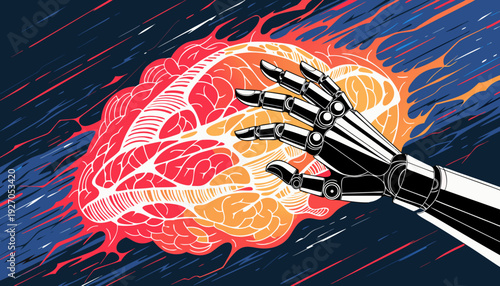 Artificial Intelligence Concept: Mechanical Android Hand Touching Abstract Neural Network.