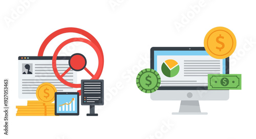 Digital Strategy, Online Financial Analysis, Business Management, and SEO Performance Monitoring Icons