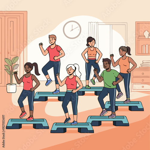 Diverse group of people engaging in a lively step aerobics class.