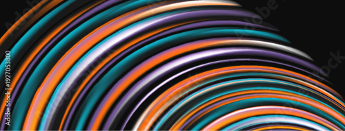 Abstract lines create curved shape. Colors blend, forming dynamic visual effect. Dark background emphasizes bright curves.