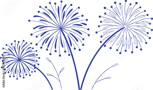 Blue dandelion flowers with seeds blowing away