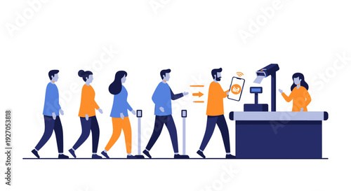 Digital Customer Queue and Checkout Flow with Mobile Payment: Flat Vector Illustration of People Waiting in Line for Service Registration or Retail Transaction.