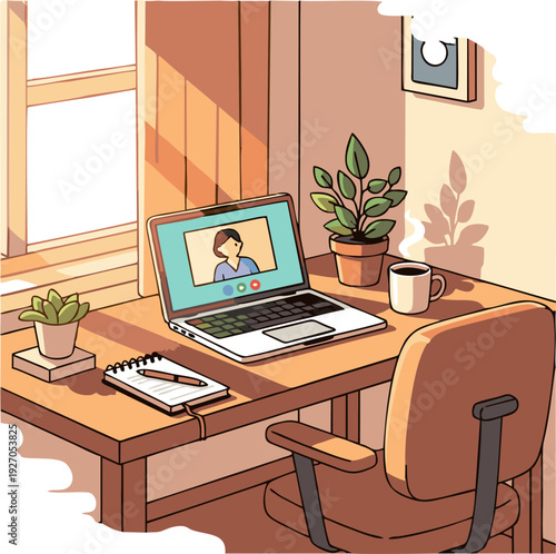 Laptop with video call on a desk in a sunlit room.