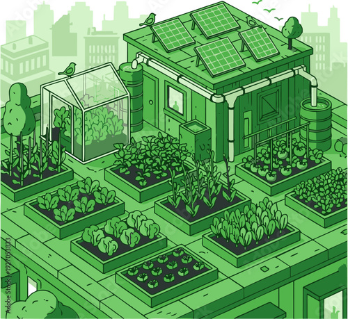 Rooftop garden with solar panels and greenhouse.