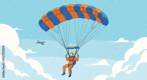 Skydiver with Parachute Floating in Sky with Airplane in Background Illustration