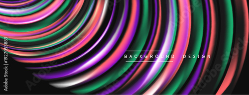 Abstract flowing lines create vibrant, dynamic composition. Colors blend, forming modern visual experience. Dark background enhances luminosity.