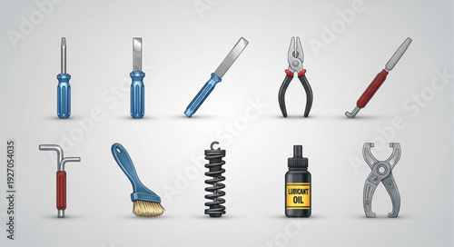 Collection of various tools arranged on a light gray surface, ready for use and maintenance.
