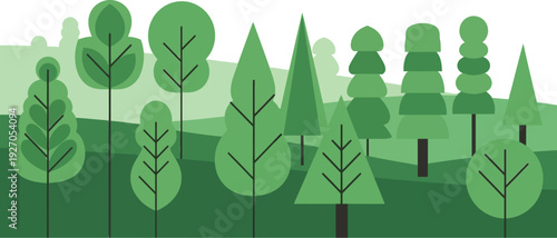 A visually engaging and diverse collection of stylized green trees, forming a vibrant forest landscape illustration that evokes a serene natural environment and healthy woodland habitat