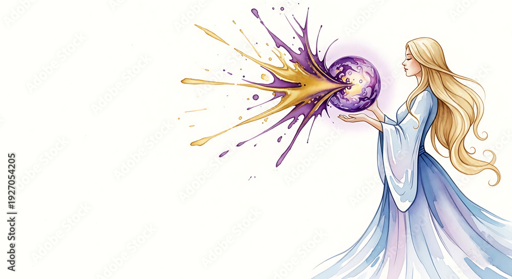 Fototapeta premium Magical protection of the planet by a beautiful fantasy woman gently holding a glowing purple earth orb with vibrant energy splashes and copy space. Watercolor fantasy illustration.