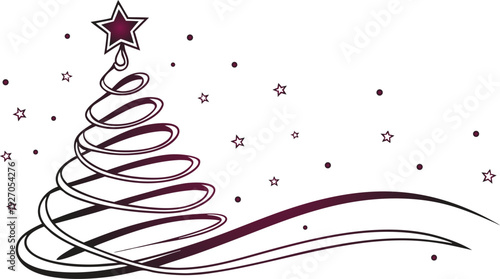 Maroon swirling lines form christmas tree with star on white background