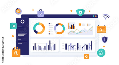 Modern Business Intelligence Dashboard UI/UX. Financial Data Analysis, Statistic Reporting, and Digital Metric Tracking Interface Illustration.