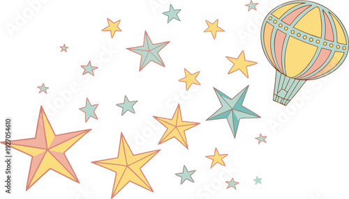 Yellow hot air balloon flying among pastel colored stars