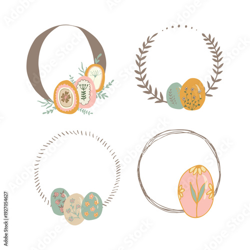 Set of four round Easter frames with decorated eggs and floral elements in soft pastel colors. Minimal spring design for cards and invitations. Vector illustration.