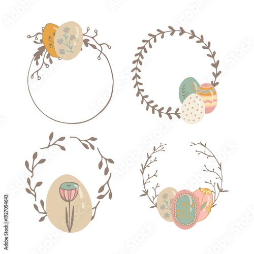 Set of four round Easter frames with decorated eggs and floral elements in soft pastel colors. Minimal spring design for cards and invitations. Vector illustration.