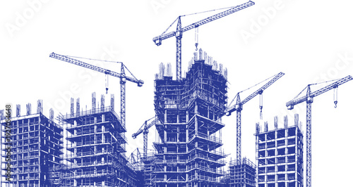 Buildings Under Construction with Tower Cranes Vector Line Art Illustration, Urban Development Architecture In Progress, Hand Drawn Black Outline Sketch on White Background for Real Estate Engineering