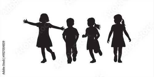 Children running with kites in silhouette on a white background untitled vector