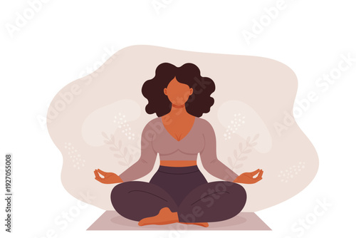 Body positive female character practicing yoga for mindfulness zen vector illustration.