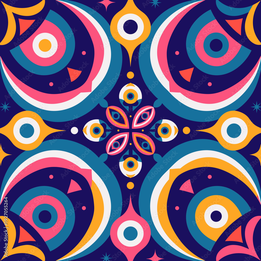 Fototapeta premium Vibrant abstract geometric pattern with colorful shapes and swirling designs