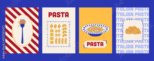 Stylish Italian cuisine poster set featuring pasta shapes chart, plated dishes, and bold “Pasta” lettering. Contemporary Mediterranean food graphics for restaurant walls and menu design.