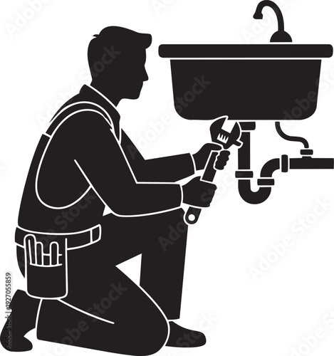 Plumber Using Wrench Under Sink