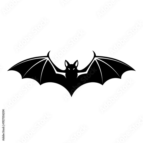 Striking black vector silhouette of a flying bat with outstretched wings, an iconic illustration ideal for Halloween decorations, spooky designs, gothic themes, or wildlife nocturnal branding