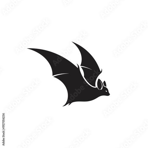 Black vector silhouette of a flying bat with outstretched wings, symbolizing night, Halloween, and mystery