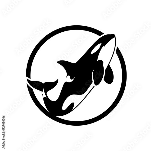 Dynamic black vector logo illustration featuring a majestic orca, also known as a killer whale, leaping gracefully within a clean circular frame, symbolizing power and marine life