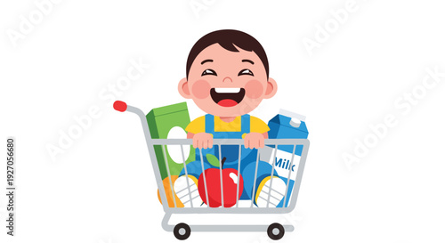 A cheerful cartoon boy sitting in a shopping cart filled with groceries on a white background with bright colors.