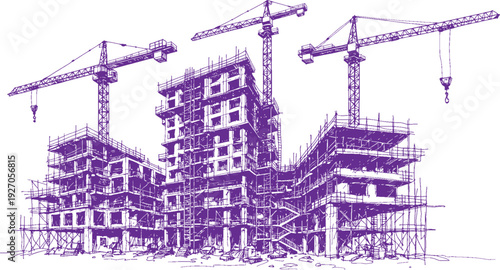 Buildings Under Construction with Tower Cranes Vector Line Art Illustration, Urban Development Architecture In Progress, Hand Drawn Black Outline Sketch on White Background for Real Estate Engineering