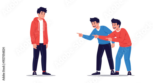 Illustration of a man being pointed at by two other men in casual wear on a white background.