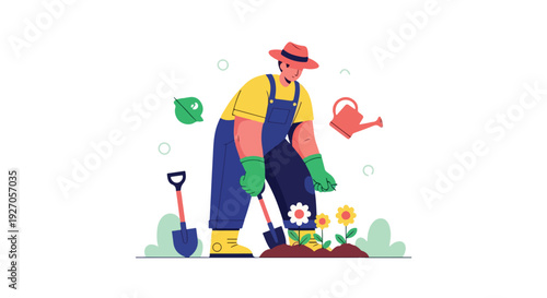 A gardener wearing overalls and a hat is planting flowers with a shovel and watering can nearby in a colorful scene.