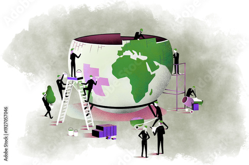 Business Team Repairing Globe: Sustainability, Environmental Restoration and Global Collaboration Concept