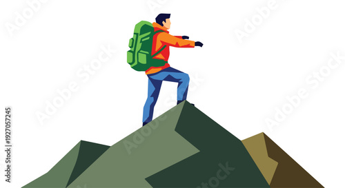 A hiker in an orange jacket and green backpack stands on a mountain peak pointing ahead with a scenic view of green mountains.