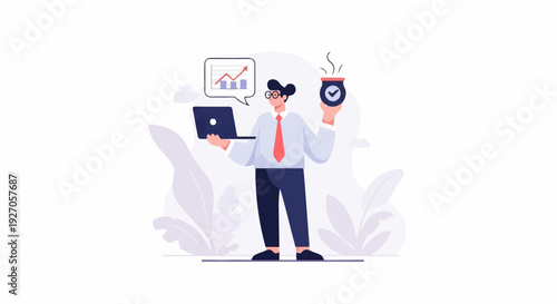 A person with a laptop and a jar, showing a growth chart