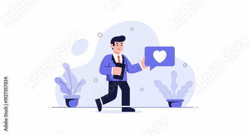 Cheerful businessman in a blue suit with a folder, holding a speech bubble with a heart