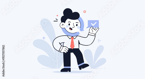 Cartoon man in business attire gestures while a checkmark in a bubble appears