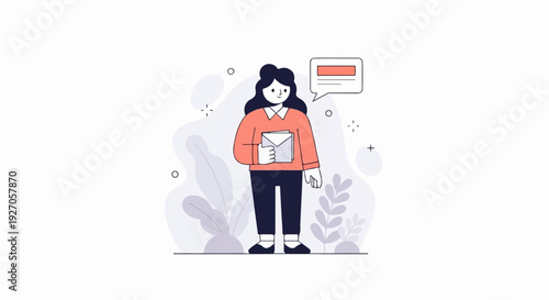 Illustration of a woman holding an envelope with a speech bubble overhead