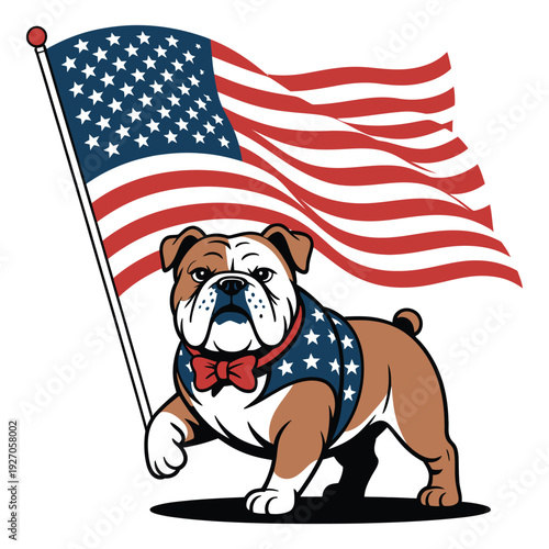 American bulldog patriotic mascot standing proudly with waving united states flag vector illustration for fourth of july independence day celebration and national pride events graphics