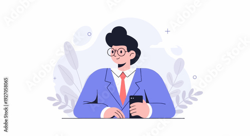 Stylized man in suit with glasses and phone, surrounded by abstract shapes and foliage