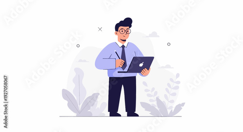 A man in a suit stands holding a laptop and stylus, surrounded by abstract plants and clouds