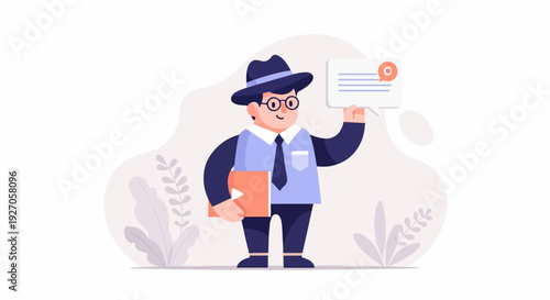 A person wearing a hat and glasses holds a folder and a speech bubble