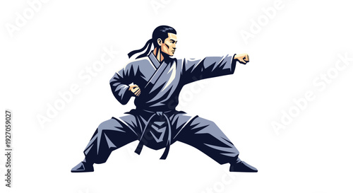 Martial arts instructor in a blue uniform demonstrating a karate stance with a solid white background.