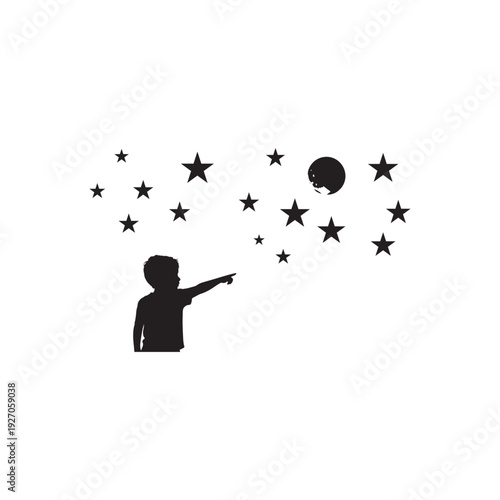 Black silhouette of a child pointing at the moon and stars in the night sky on a white background representing dreams and