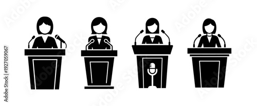 Collection of black silhouette icons depicting women speaking at a podium with microphones, representing public speaking, conference, and presentation concepts